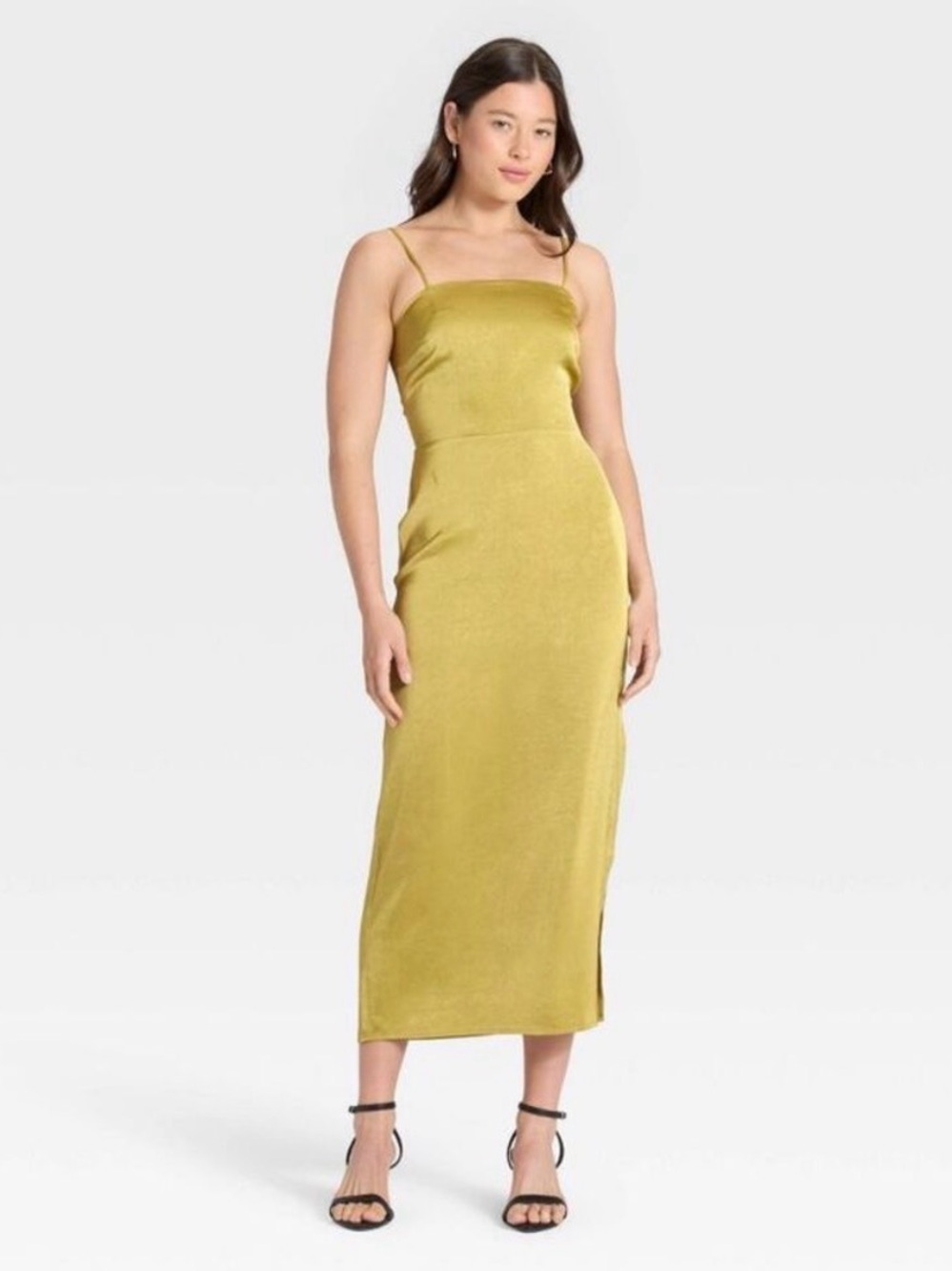 a new day Satin Slip Midi Dress in Chartreuse